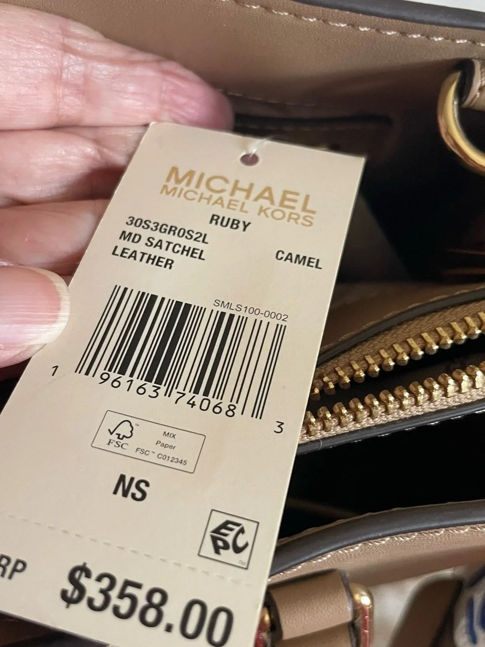 NWT Michael Kors Taupe Saffiano Leather Satchel with Gold Hardware.